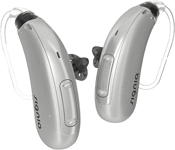 Pair of hearing aid models by Signia at Aim Hearing & Audiology Services